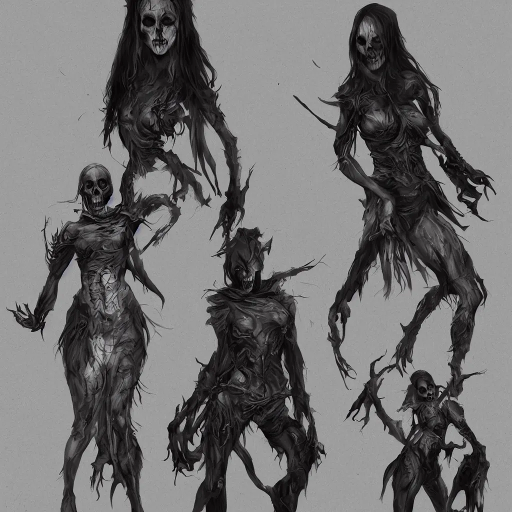 Image similar to female wraith, undead, dynamic pose, skull, terrifying, dark, fog, artstation