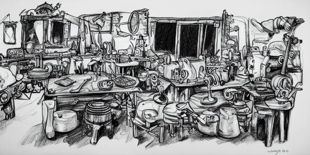 Image similar to high detailed drawing of smurfs and long white bones black and white, tables, tools, leaking oil, line art, pen & ink drawing