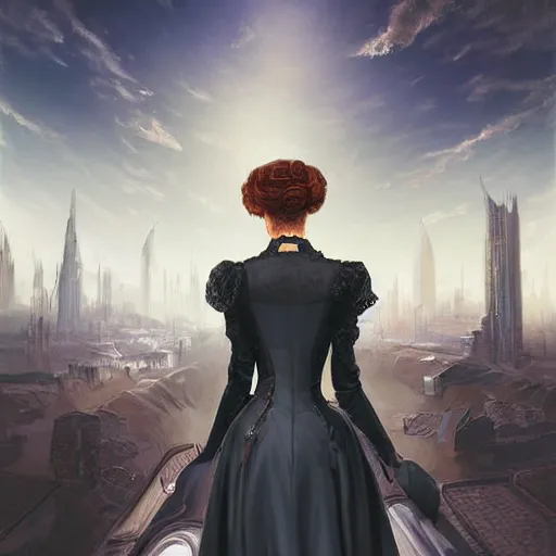 Prompt: portrait of a victorian lady in a futuristic city, from behind, streets, beautiful, fully open sky, skyscrapers on sides, highly detailed, digital painting
