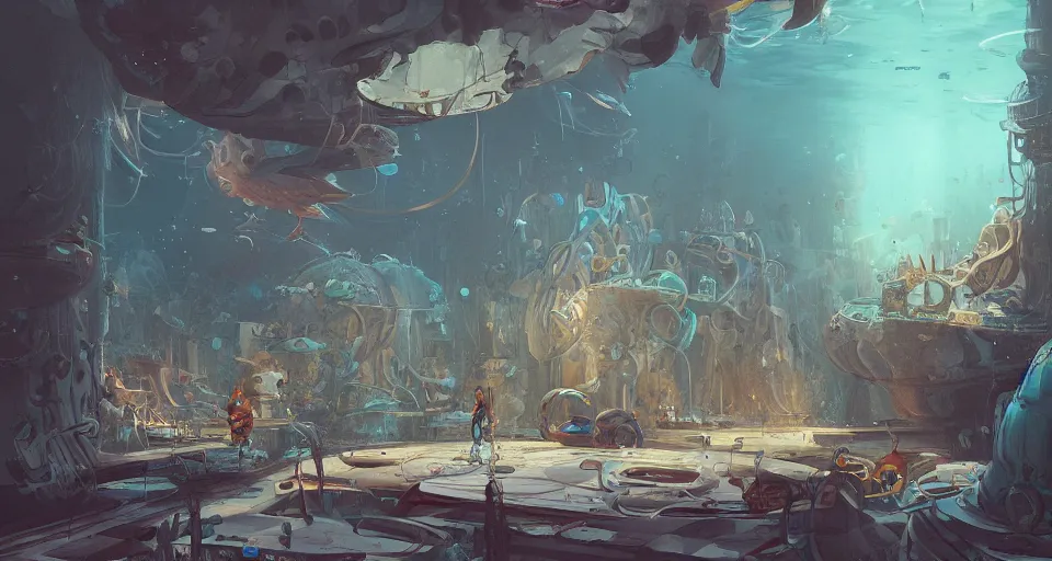 Prompt: a beautiful detailed concept art of underwater museum by alejandro burdisio, by greg tocchini, by james gilleard, by joe gb fenton, by kaethe butcher, dynamic lighting, vibrant, clean, grunge aesthetic, octane render, artstation