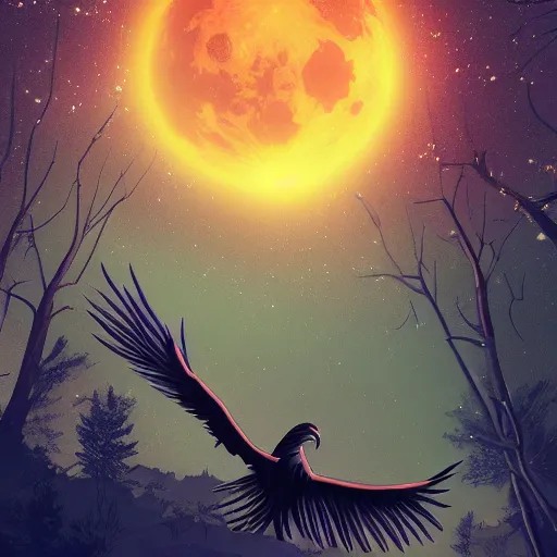 Image similar to Glowing Blue Phoenix Flying in Front of the Bright Full Moon Over the Forest at Night, Digital Art, HDR, Artstation