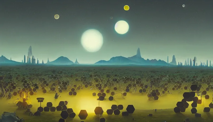 Image similar to many hexagons on the way to the sun, planet earth in foreground, simon stalenhag