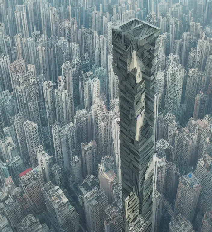 Image similar to beautiful isometric fractal totem in hong kong, shot from drone, trending on artstation art by zdzislaw beksinski, highly detailed, cg society contest winner