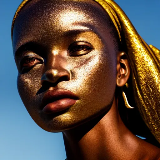 Image similar to portrait of metallic reflecting face, african woman, subtle iridescence, smooth, proud looking away, outdoor, blue sky, nature, 8 k, realistic, depth of field, highly detailed, award winning photography,