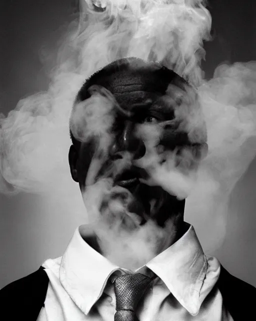 Image similar to a man who's head is turning into a puff of smoke, annie liebowitz, black and white