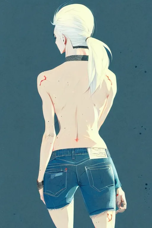 Image similar to a ultradetailed beautiful back painting of a stylish woman with white hair in a short pony tail, she is wearing jeans, by conrad roset, greg rutkowski and makoto shinkai trending on artstation