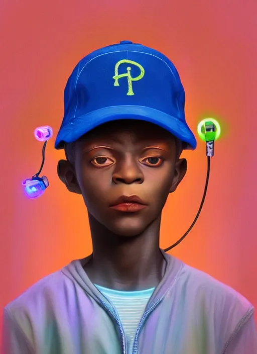 Prompt: colourful vfx - caricature style - portrait - art of an african boy wearing a baseball cap with wires and computer chips dangling from its inside, hsiao - ron cheng style art, volumetric light, dramatic lighting, ray tracing, digital illustration, claymation style, unreal engine render, sharp, intricate detail, behance, artstation, pinterest,