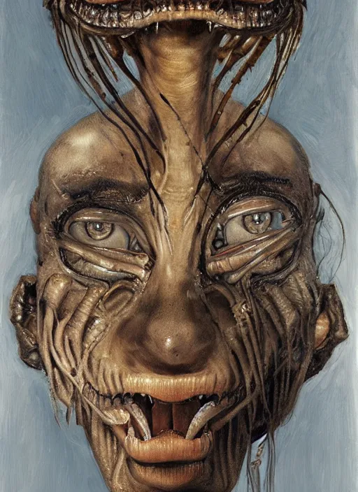 Image similar to portrait of zendaya with a little alien head for a tongue, necronom v, painting by h. r. giger