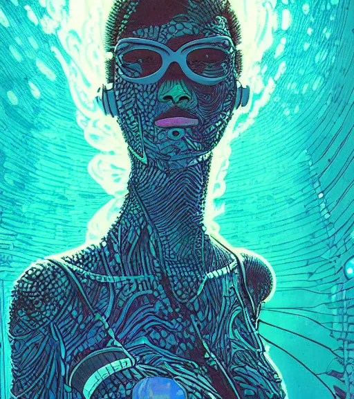 Image similar to a cyberpunk diver Polynesian woman swims through a dark bioluminescent alien coral reef, techwear, Industrial Scifi, detailed illustration, character portrait, by Martin Grip and Moebius