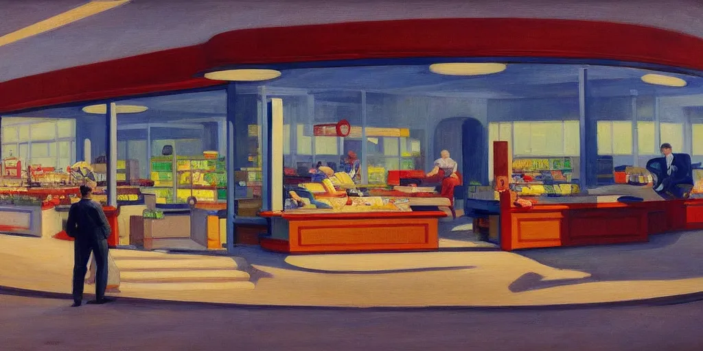 Prompt: a beautiful painting of a store inside of a futuristic airport by Edward Hopper, 8k, 4k