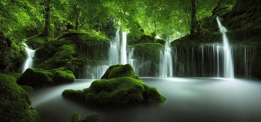 Image similar to beautiful view of a forest waterfall, glowing bubbly water with caustics, dark atmosphere, dappled light, reflections, light rays. refraction, symmetry, cinematic lighting, ultra detailed, sharp, ambient occlusion, bloom, raytracing, by dylan cole, sebastian meyer and jordan grimmer