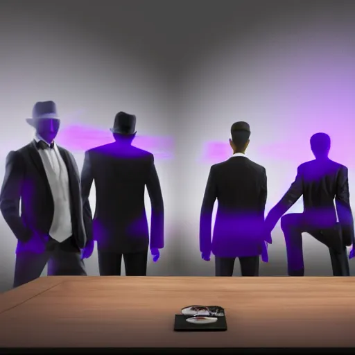 Image similar to HD render of shadow figures in suits sitting around a table in an occultic lair scheming and plotting, Ultra realistic digital art painting trending on artstation, photo realistic, black and purple colour scheme