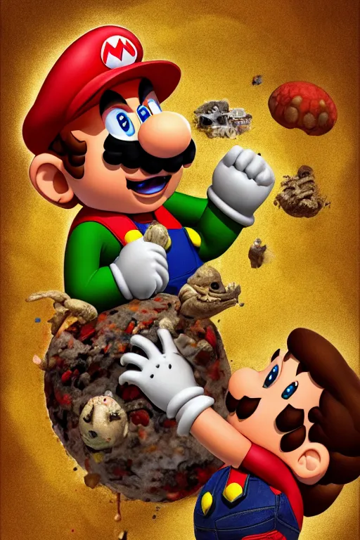 Image similar to mario eating toad in the style of saturn devouring his son, canvas painting, digital art, crumbling plaster, extremely detailed, photoshop, trending on artstation