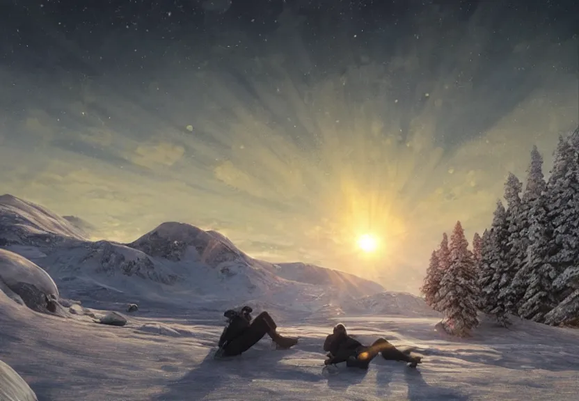 Image similar to fully photorealistic hdr eclipse at sunrise on snowy aurora mountaintop, distant glowing figures, masterpiece composition, art by john collier, albert aublet, artem demura, alphonse mucha, sharper luminescent focus, nd 6, hdr, movie still, cinematic diffuse lighting, artstation, textless, sharp focus