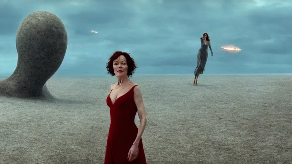 Prompt: photo of Helen McCrory coming out of the ocean, extreme detailed face, spaceship flying on the background, film still from the movie directed by Denis Villeneuve with art direction by Zdzisław Beksiński, wide lens