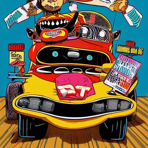 Prompt: Crazy Pop-Wonder NFT Style Racing-Poster Artwork of Jeff DeGrandis Dragfink.com Ed 'BIG DADDY' Roth GIGANTIC-Monkey, character art, Driving a Hotrod, crazy racer spinning, burnout, smokey tires, classic-cult-comic-style, hand drawn svg, vector artwork