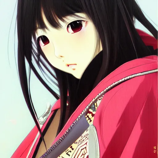 Image similar to a beautiful japanese lalisa alluring gravure model, wearing oversized designer bomber jacket and leotard, bulky poofy bomber jacket with mesoamerican patterns, mesoamerican native street fashion, gapmoe yandere grimdark, trending on pixiv fanbox, painted by greg rutkowski makoto shinkai takashi takeuchi studio ghibli, akihiko yoshida