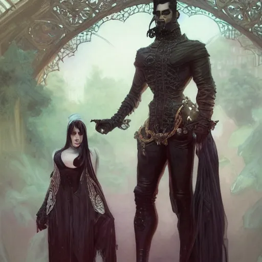 Prompt: a tall goth girl and a strong buff handsome man, family photo, cute, intricate, highly detailed, digital painting, artstation, concept art, smooth, sharp focus, illustration, unreal engine 5, 8 k, art by artgerm and greg rutkowski and alphonse mucha