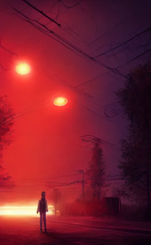 Image similar to stranger things inspired wallpaper, red ambience, at night, creepy over the street in the background, dynamic lighting, photorealistic fantasy concept art, trending on art station, stunning visuals, creative, cinematic, ultra detailed