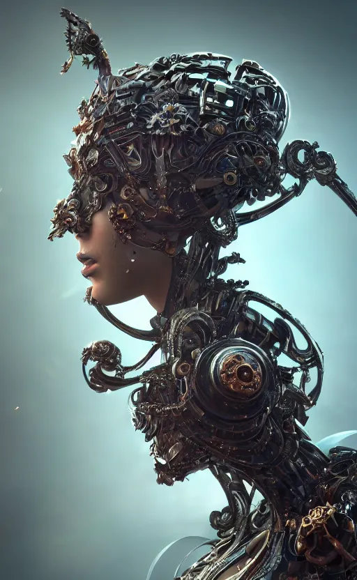 Image similar to beautiful impish biomechanical hatter incredible technological hair, masterpiece crystalline incrustations, hyper - detailed face, elegant pose, movie still, intricate, octane render, cinematic lighting, cgsociety, unreal engine,