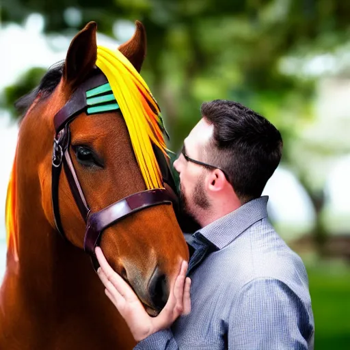 Image similar to man wearing horse head mask on shoulder of man