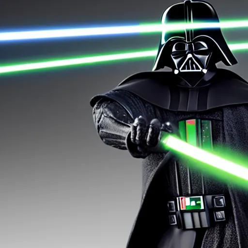 Image similar to A studio image of Darth Vader holding a green lightsaber, ray tracing, black background, 4k, hyper detailed, studio lighting, movie set,