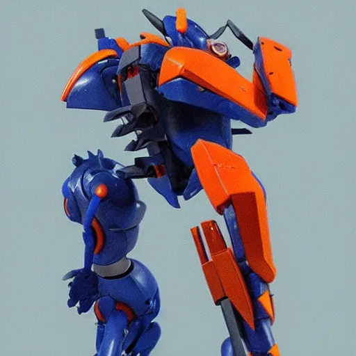 Prompt: a long shot of a jaeger which based on the concept of evangelion, blue + orange, with tail, animal style head, in the style of the movie pacific rim, detailed, 4k, by Ashley Wood