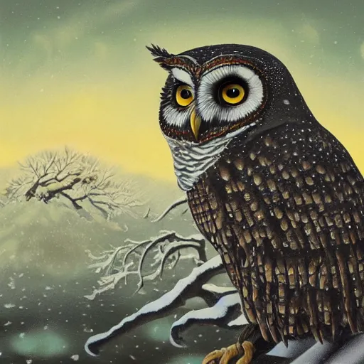 Image similar to a painting of an owl sitting on top of a snowy hill, a surrealist painting by Yoshitaka Amano, behance contest winner, pop surrealism, lovecraftian, ukiyo-e, detailed painting