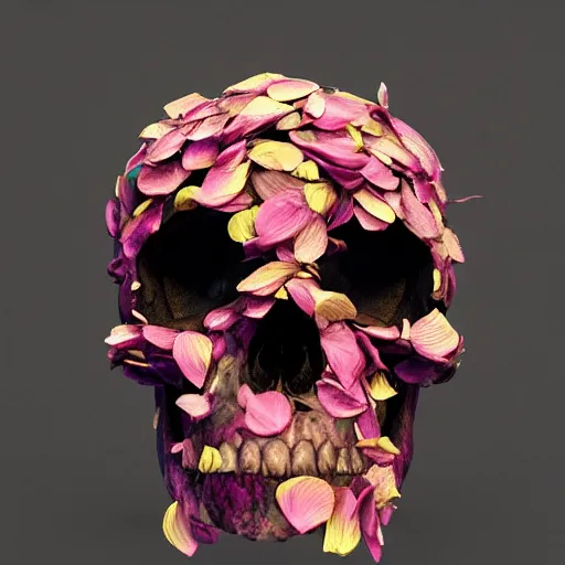 Image similar to obsidian skull surrounded by flower petals, octane render, trending on artstation