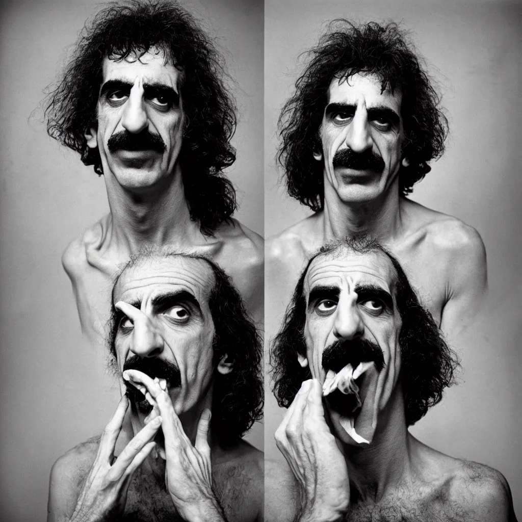 Prompt: award winning photo of frank zappa eating himself, vivid colors, happy, symmetrical face, beautiful eyes, studio lighting, wide shot art by Sally Mann & Arnold Newman