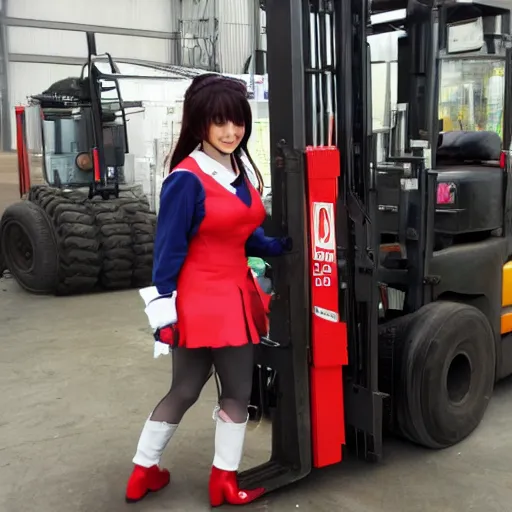 Image similar to a person cosplaying homura akemi operating a forklift