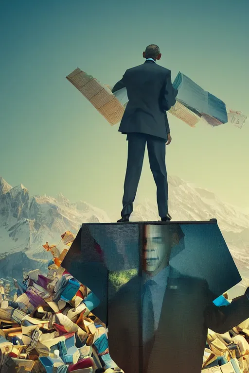 Prompt: obama nervously standing by a mountain of papers, cybertronian, long shot, cinematography by wes anderson, 4 k octane render, intricate detail, photorealistic, cinematic lighting, artstation