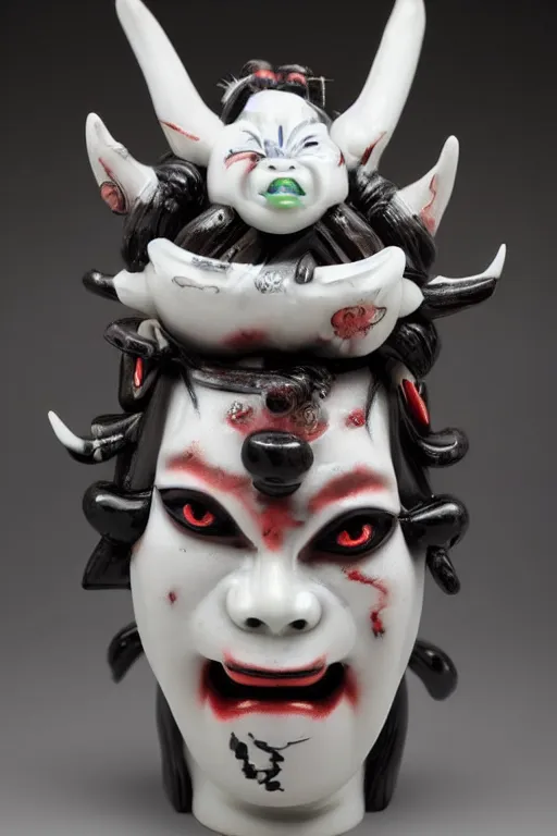 Prompt: porcelain oni geisha made by Kris Kuksi and HR Giger