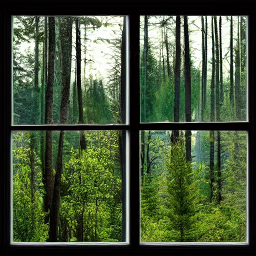 Image similar to View out of 4 picture windows into a dark forest, lit by flood lights at night