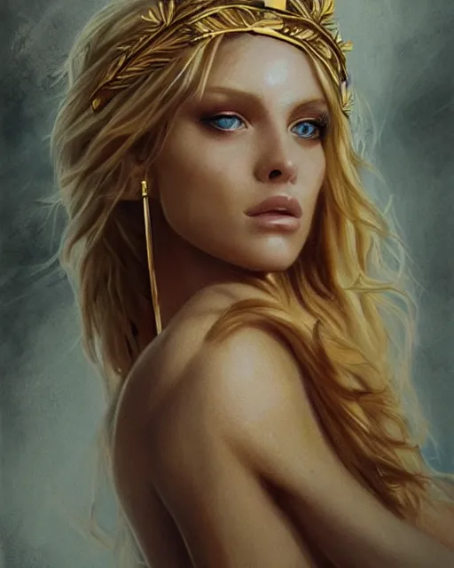 Image similar to tattoo sketch of hot blonde super model as aphrodite greek goddess wearing a gold laurel wreath and triangle earrings, beautiful piercing gaze with sharp pupils, in the style of greg rutkowski, fantasy, amazing detail, epic, elegant, smooth, sharp focus, front view