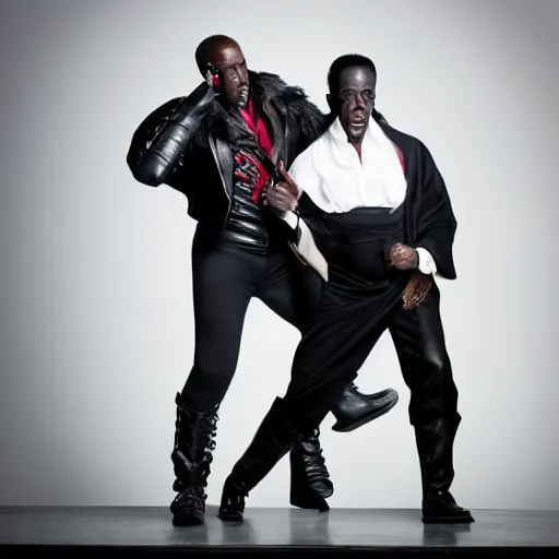 Prompt: Photoshoot of Wesley Snipes as Blade and Christopher Lee as Dracula in the Style of Annie Leibovitz, Studio Lighting