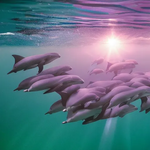 Prompt: underwater ocean, twelve dolphins, cosmos, school of dolphins, family, swimming to surface, calm, photograph, realistic, peaceful, light rays, beautiful, majestic, dapple, camera angle from below, distance,