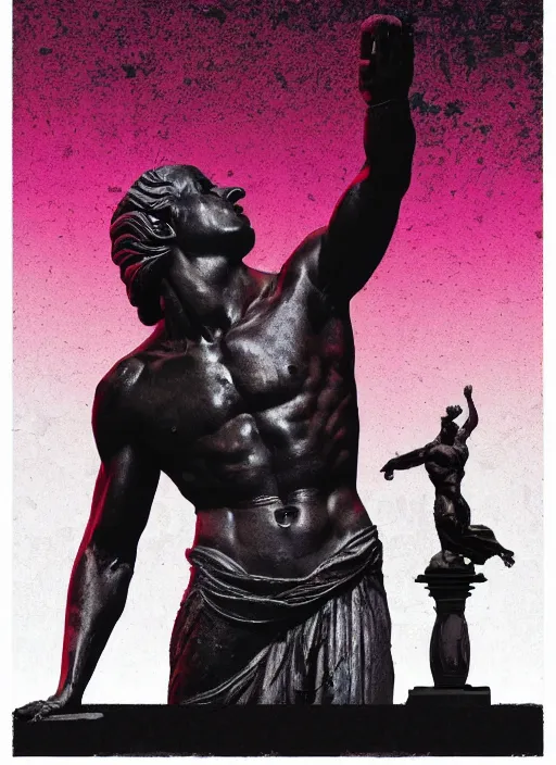 Image similar to dark design poster showing a statue of apollo, black background with very subtle red and purple design elements, powerful, nekro, vito acconci, thin straight lines, dark, glitch art, neo vaporwave, gritty, layout frame, square, trending on artstation