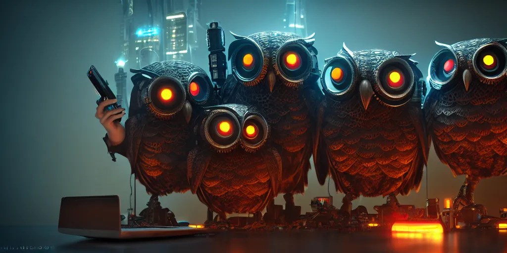 Image similar to giant evil, malevolent, cyborg owls snuggling, surrounded by computer screens. steampunk. this 4 k hd image is trending on artstation, featured on behance, well - rendered, extra crisp, features intricate detail and the style of unreal engine. volumetric lighting octane render