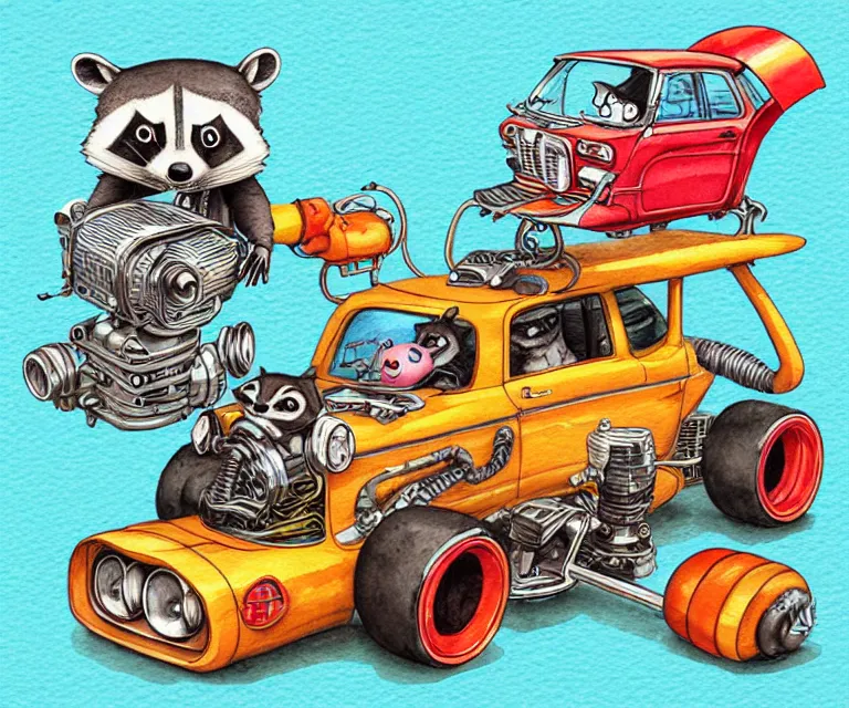 Prompt: cute and funny, racoon driving a tiny hot rod with an oversized engine, ratfink style by ed roth, centered award winning watercolor pen illustration, isometric illustration by chihiro iwasaki, edited by craola, tiny details by artgerm and watercolor girl, symmetrically isometrically centered