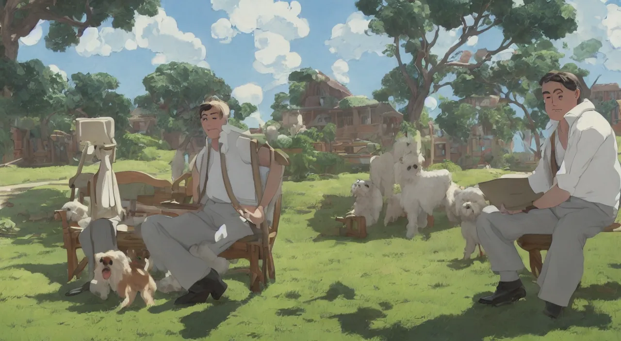 Prompt: ernest shackleton in a crisp white linen shirt and slacks, leather boots, sitting outside a hacienda, havanese dogs running around, 1 9 0 0, genndy tartakovsky, atey ghailan, goro fujita, studio ghibli, rim light, mid morning lighting, clear focus, very coherent