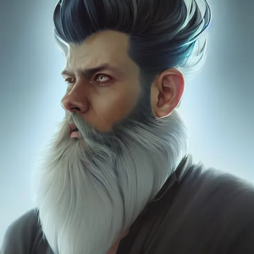 Image similar to portrait of a man with stylish white hair,an unusual beard and yellow eyes,character design by charlie bowater, ross tran, artgerm, and makoto shinkai, detailed, inked, western comic book art, 2021 award winning painting,digital art,art by greg rutkowski,photorealistic,highly detailed,hyperdetailed,hyperrealistoc,detailed face,surreal,fantasy