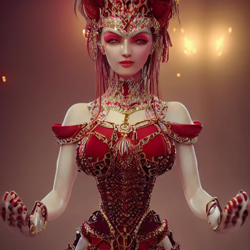 Image similar to wonderful princess with smooth fair skin, alluring eyes, red jewelry, breathtaking, elegant, intricate, hyper detailed, accent lighting, 4 k glamour photography, octane render