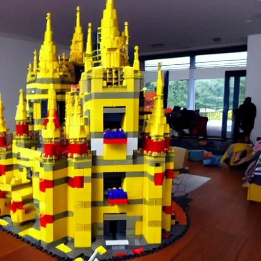 Image similar to a huge yellow castle made out of lego, 90,