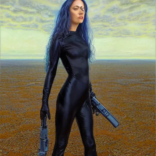 Prompt: pleiadian woman with big eyes and long silver hair wearing a dark body suit and holding a plasma gun as a realistic sci fi character, portrait art by donato giancola and greg rutkowski, digital art, trending on artstation, standing in a barren field, full body, long silver hair