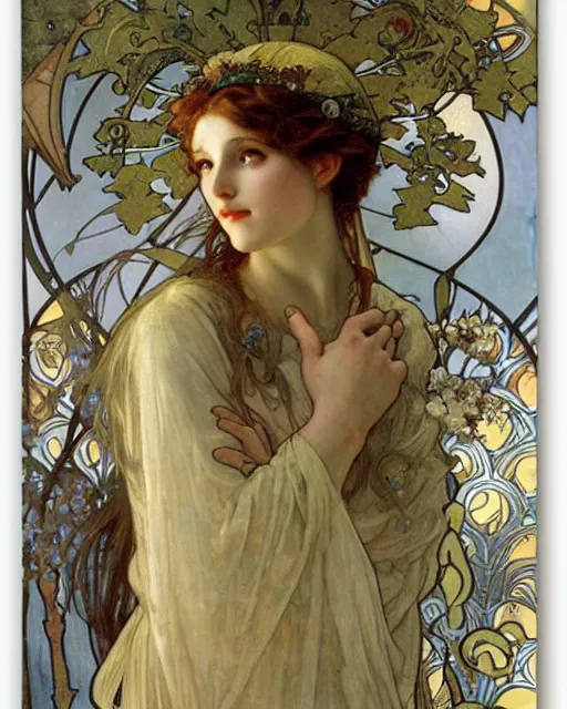 Image similar to an elf princess by Alphonse Mucha and edgar maxence