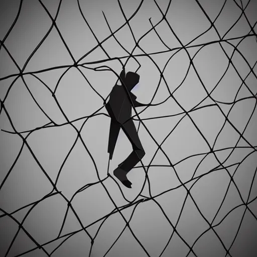 Prompt: a high wire fence looming over a man, low poly, dystopian art, 2 d game art