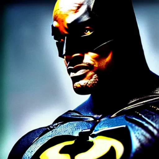 Image similar to of a photo of will smith as batman with a serious face looking at the camera, f 2. 8