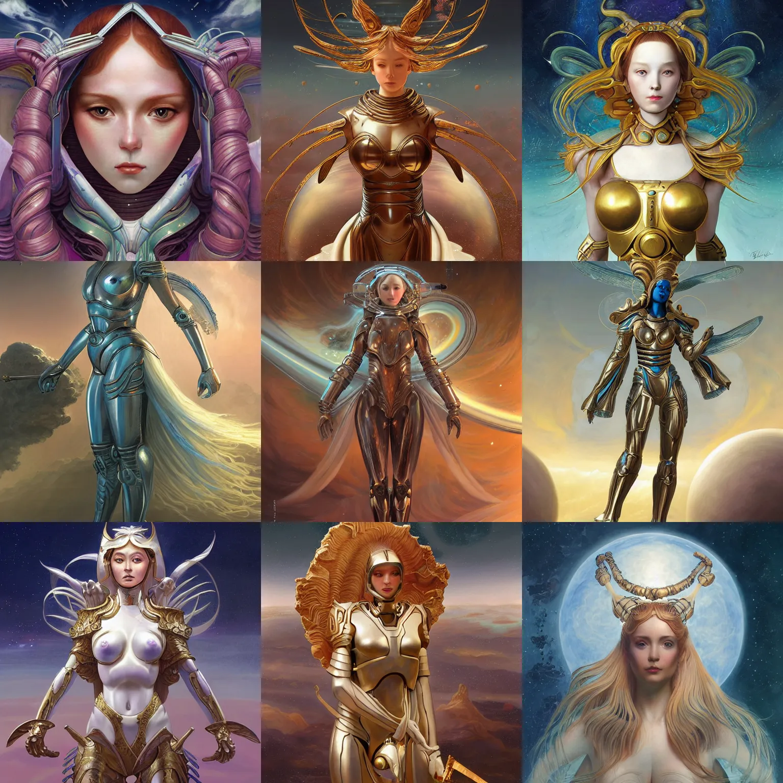 Prompt: venus goddess in ancient alien planet sci-fi armor, in the style of sandro botticelli, stylized, highly detailed, digital painting, artstation, concept art, smooth, sharp focus, illustration, ArtStation, art by artgerm and greg rutkowski and Hikari Shimoda and Edmund Blair Leighton and Charlie Bowater