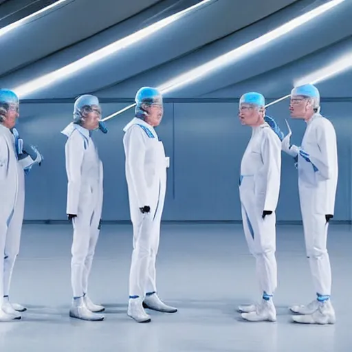 Image similar to troop of identical athletic humans with white hair wearing tight light blue neopren suits, in formation, futuristic chemistry lab, sci - fi, highly detailed, hyperrealistic